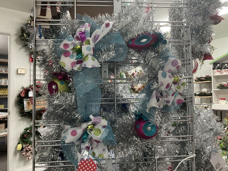 Wreath Silver Tinsel with Ornaments and Multi Color Polka Dot Ribbon 20 inches