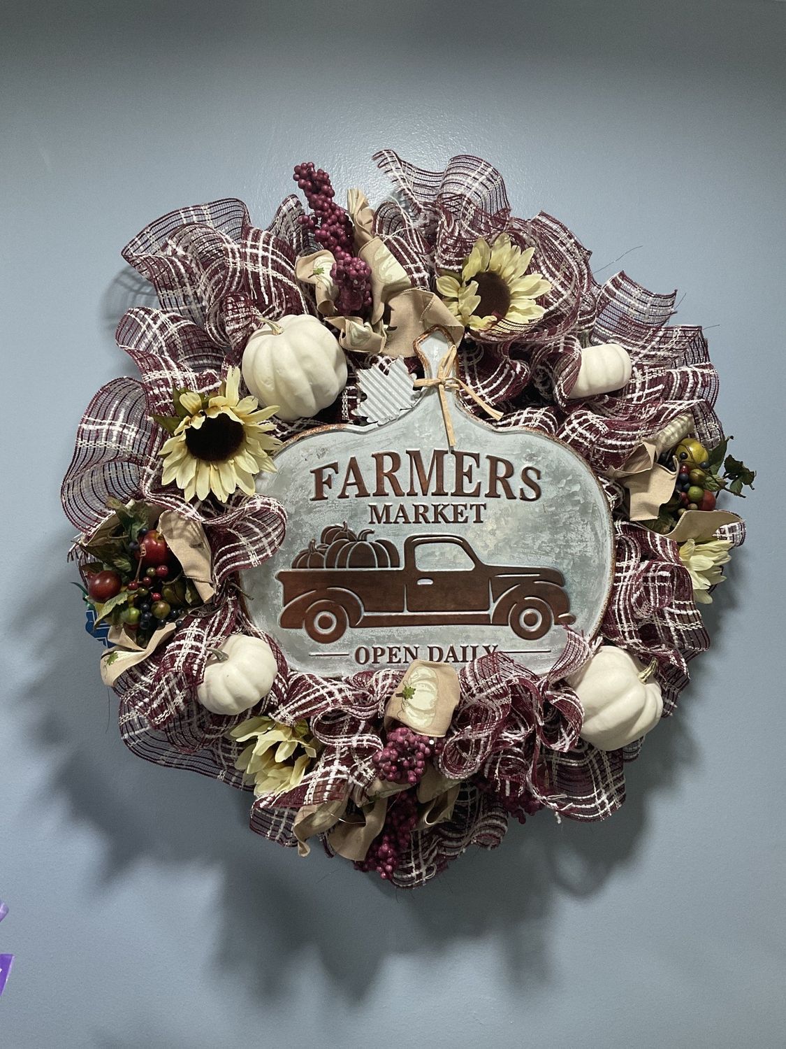 Mesh Purple Fall Wreath &quot;Farmers Market Open Daily&quot;