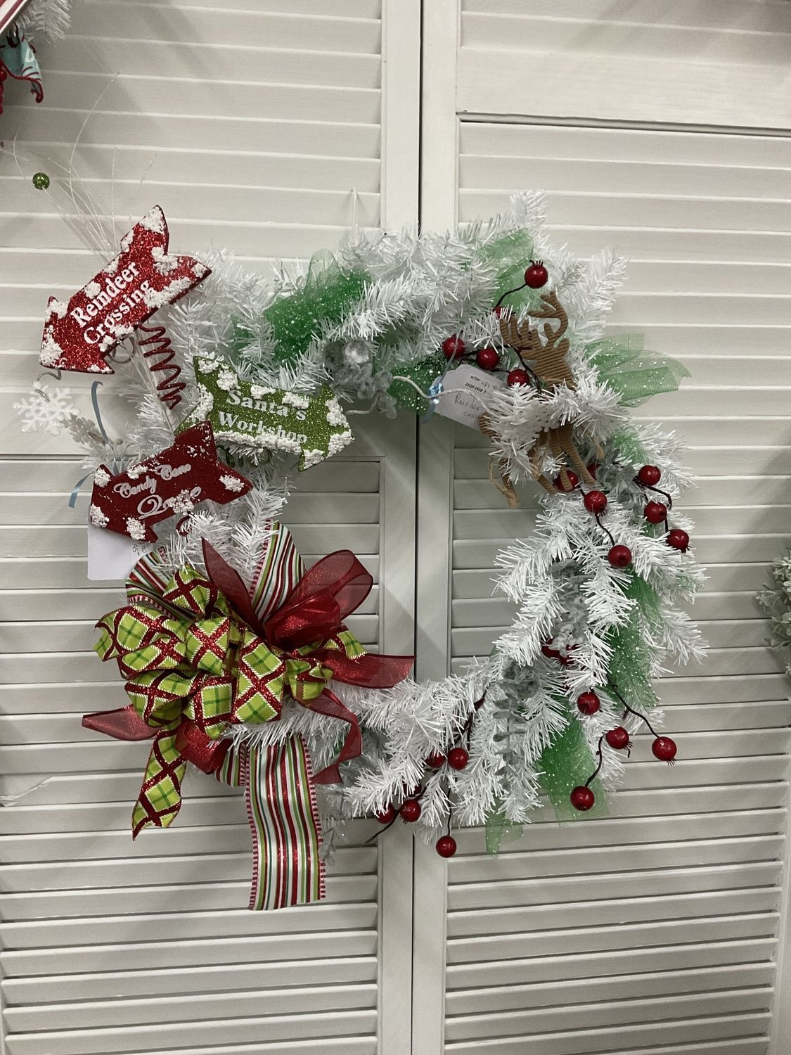 Wreath Evergreen White &quot;Reindeer Crossing&quot; with Red and Green Ribbon 22 inches