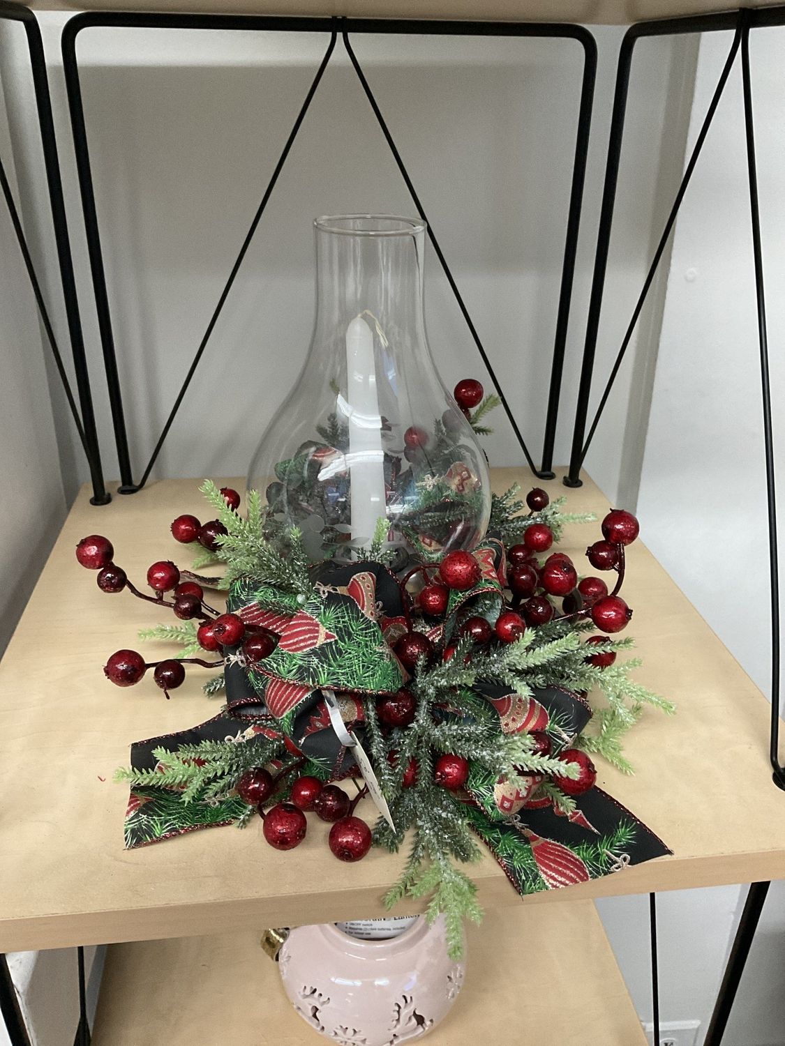 Centerpiece Candle Lantern with Berries and Ornament Ribbon