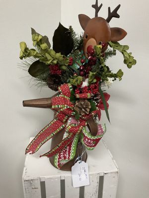 Centerpiece Bronze Water Can w/ Happy Holidays Reindeer and Merry Christmas Ribbon