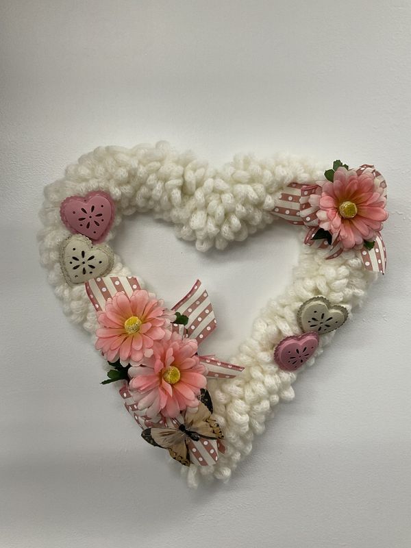Wreath Yarn Heart Frame White with Pink Flowers, Hearts, Butterfly, Polka Dot Ribbon