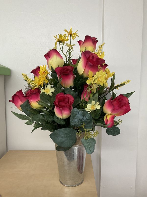 Centerpiece Spring Metal Bucket Red Roses and Yellow Flowers
