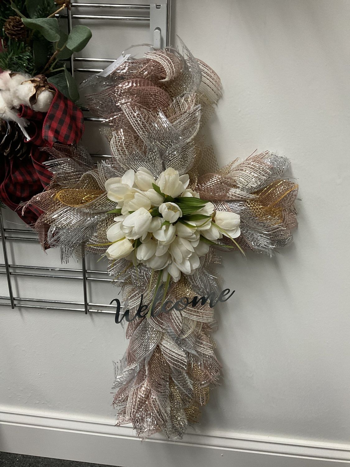Wreath Cross Gold, Silver &amp; Metal Tones &quot;Welcome&quot; with White Tulips 18 inch