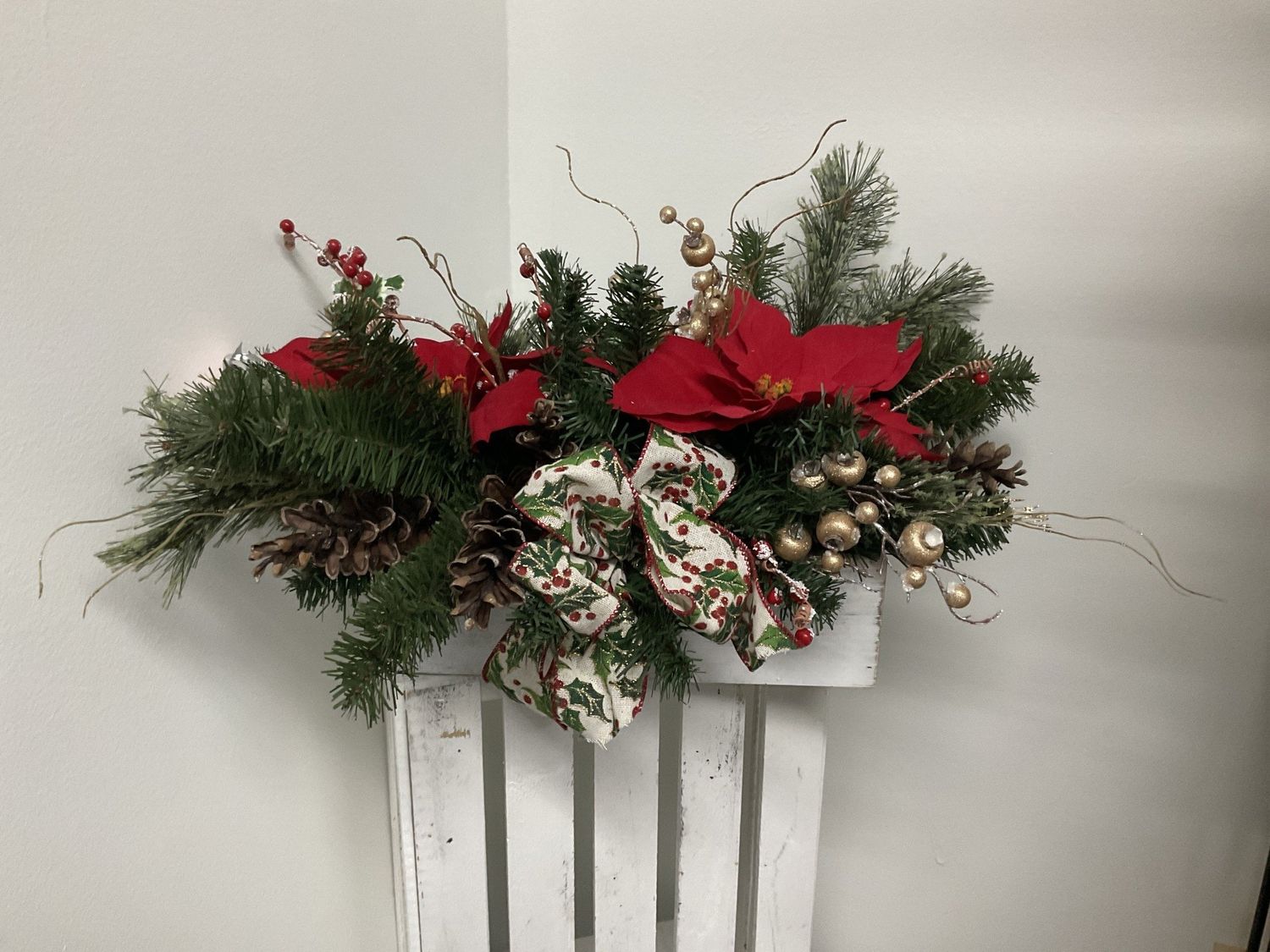 Centerpiece White Box w/Poinsettias and Pinecones w/Poinsettia Ribbon
