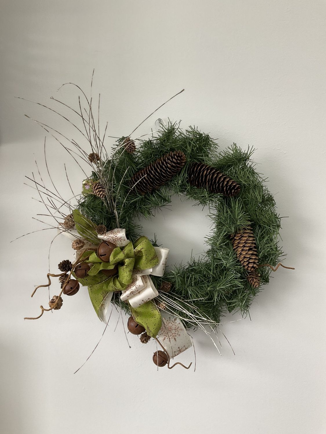 Wreath Grapevine with Greenery, Pinecones, Bells and Green and Gold Ribbons