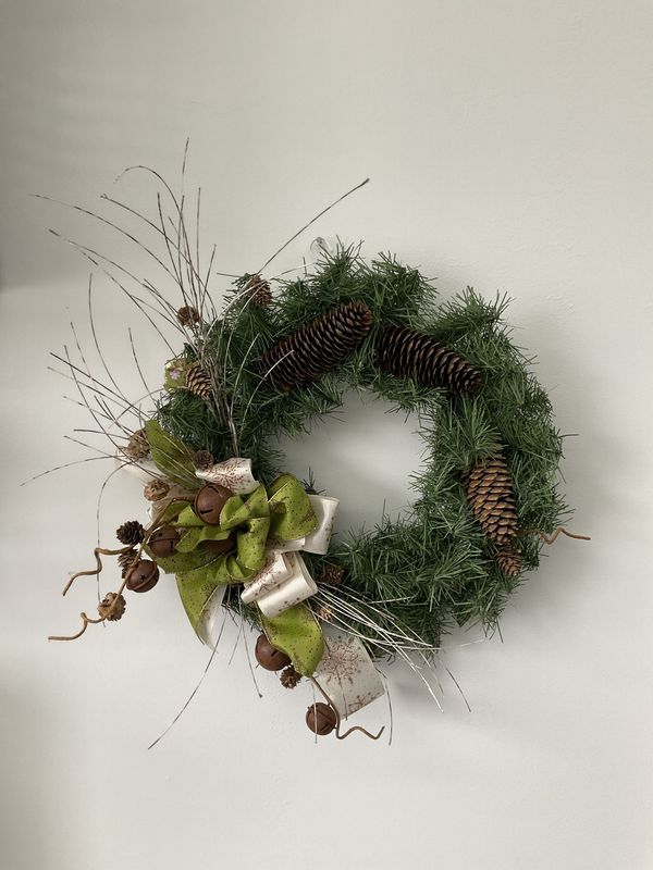 Wreath Grapevine with Greenery, Pinecones, Bells and Green and Gold Ribbons
