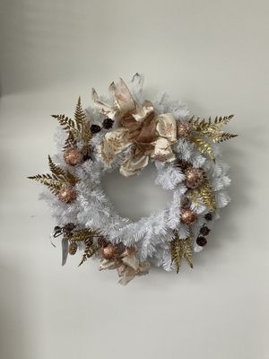 Wreath Evergreen White with Gold Accents and Gold Ribbon 22 inches