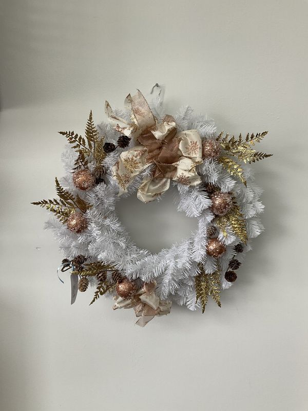 Wreath Evergreen White with Gold Accents and Gold Ribbon 22 inches
