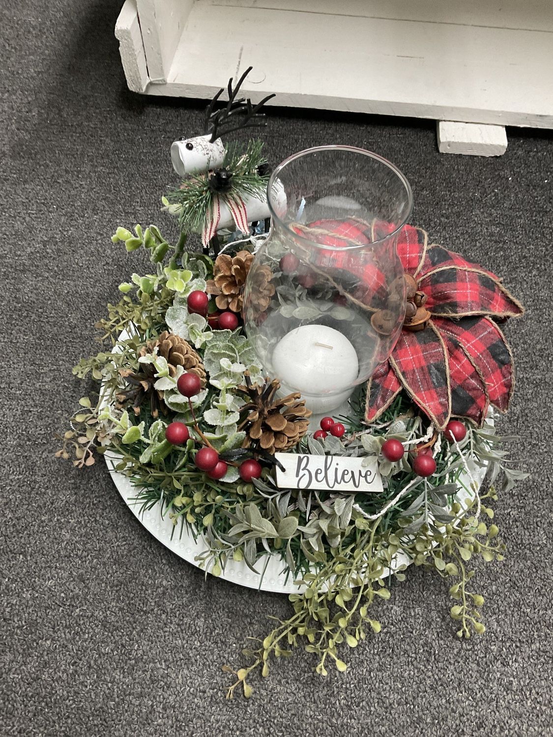 Centerpiece Wooden Reindeer, Greenery, Berries w/Check Poinsettia