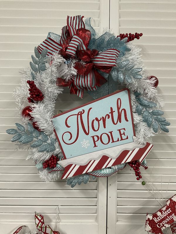 Wreath Evergreen White &quot;North Pole&quot; with Blue and Red Striped Ribbon 21 inches