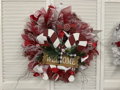 Wreath Mesh Red and White &quot;Welcome&quot; with Candy Canes 22 inches