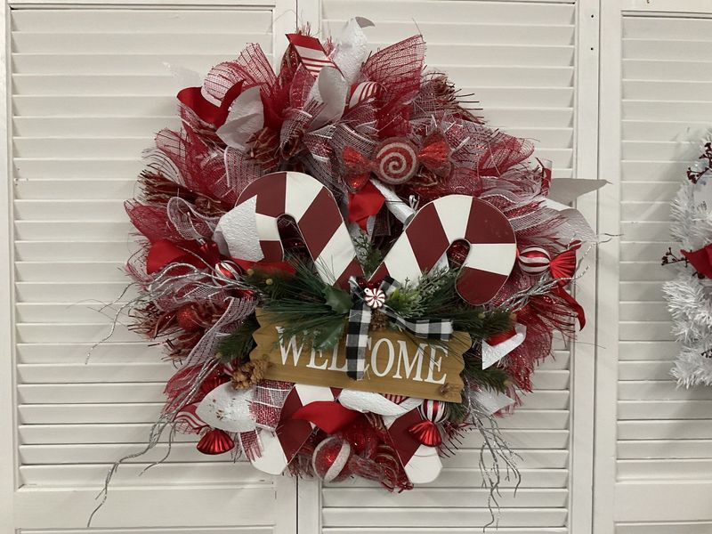 Wreath Mesh Red and White &quot;Welcome&quot; with Candy Canes 22 inches