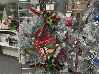Wreath Silver Tinsel &quot;Sparkle &amp; Shine It&#39;s Christmas Time&quot; with Red and Green Ribbon 24 inches