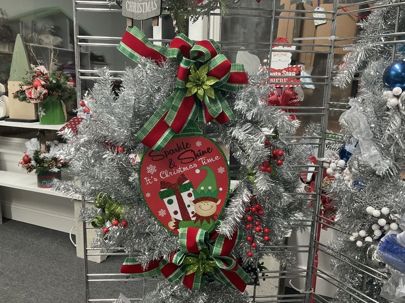 Wreath Silver Tinsel &quot;Sparkle &amp; Shine It&#39;s Christmas Time&quot; with Red and Green Ribbon 24 inches