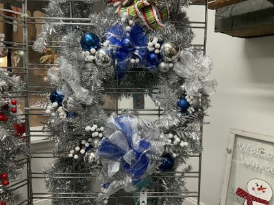 Wreath Tinsel Silver w/Blue Ornaments, Bells and Blue Ribbon