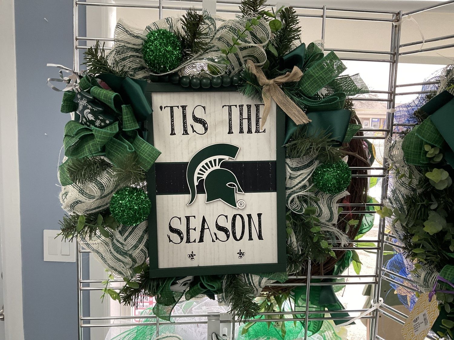 Mesh Wreath &quot;Tis the Season&quot; MI Spartan Wreath 23 inch