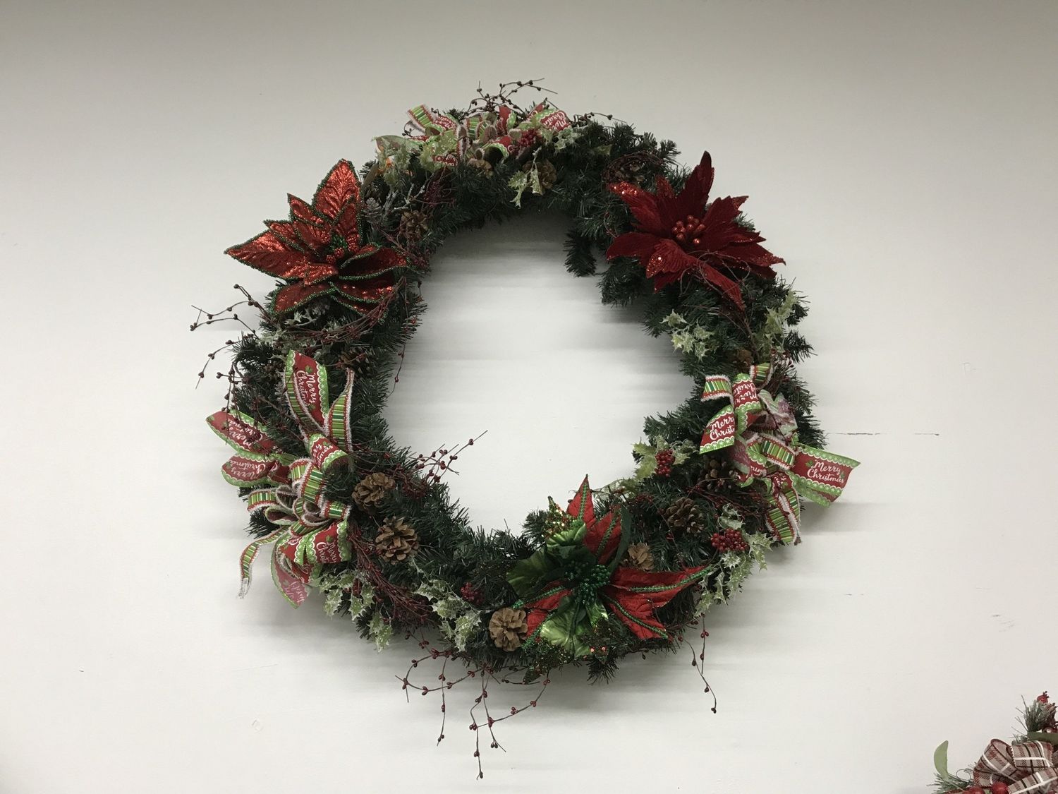 Wreath Evergreen with Red Poinsettias and Merry Christmas Ribbon 34 inches