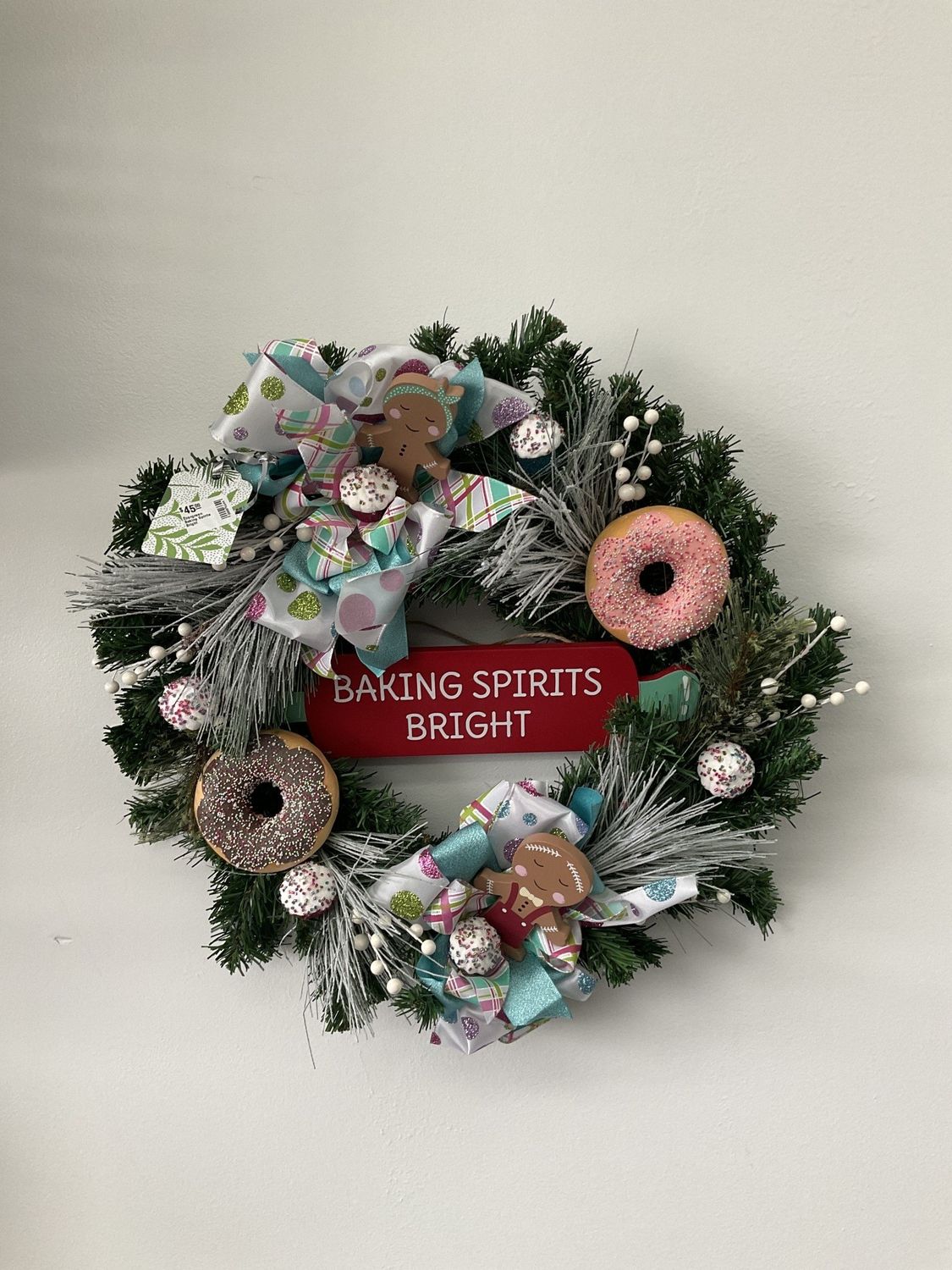Wreath Evergreen &quot;Baking Spirits Bright&quot; with Gingerbread, Donuts and Polka Dot Ribbon