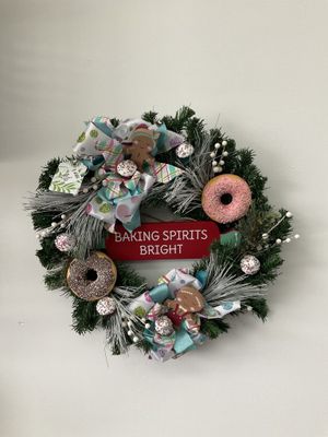 Wreath Evergreen &quot;Baking Spirits Bright&quot; with Gingerbread, Donuts and Polka Dot Ribbon