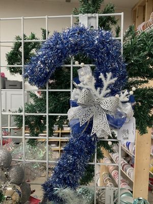 Wreath Candy Cane Blue Tinsel with Silver Bow and Blue and Silver Snowflake Ribbons