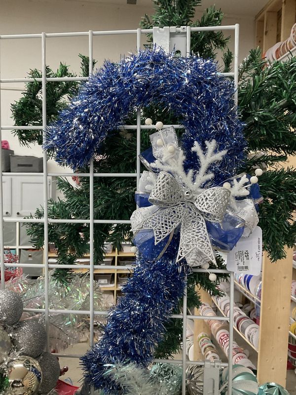 Wreath Candy Cane Blue Tinsel with Silver Bow and Blue and Silver Snowflake Ribbons