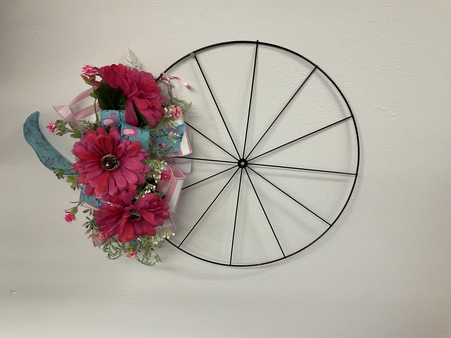 Wreath Bicycle Pink Flowers with Pink Flamingo Ribbon