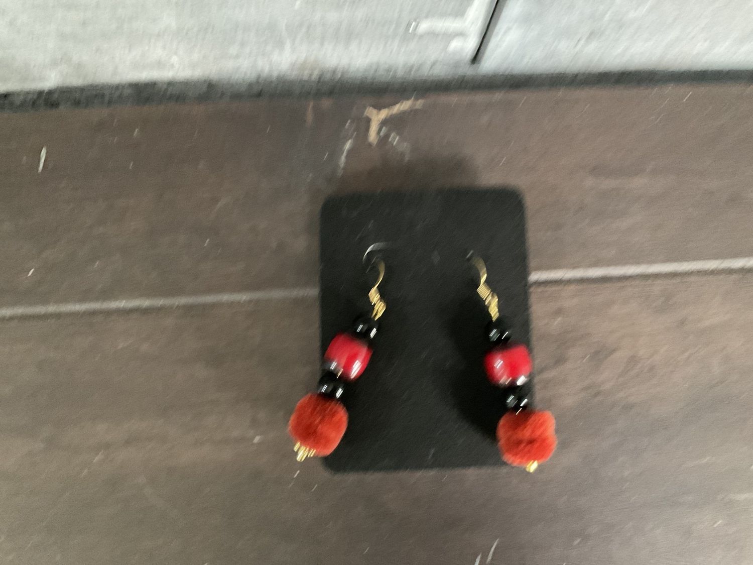 E175 Earrings Red Beads and Fuzzy Section