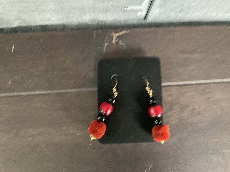 E175 Earrings Red Beads and Fuzzy Section