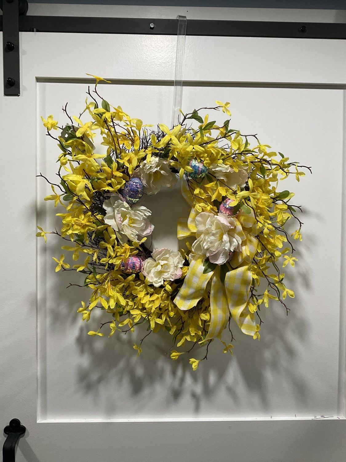 252 Wreath Grapevine 24 in-Yellow w/White Flowers and Easter Eggs and Yellow Check Ribbon