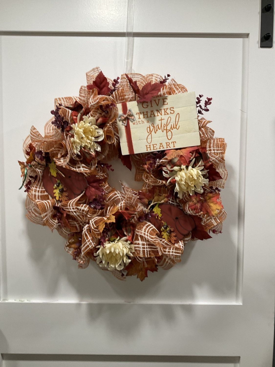 Wreath Mesh 25 in-Orange and White &quot;Give Thanks&quot; w/Pumpkins and Leaves and Red Plaid Ribbon