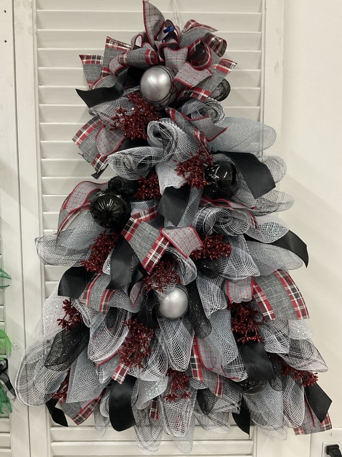 Wreath Tree Mesh with Black and Silver Ornaments and Grey and Red Plaid Ribbon