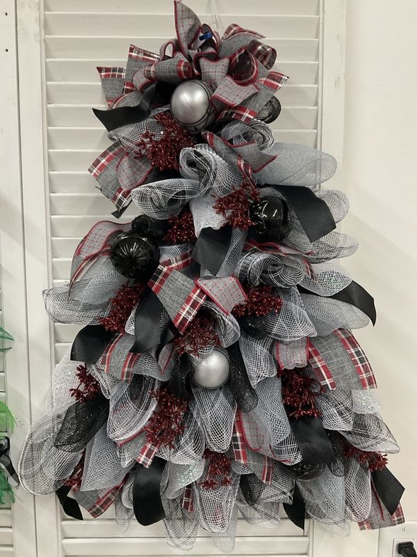Wreath Tree Mesh with Black and Silver Ornaments and Grey and Red Plaid Ribbon