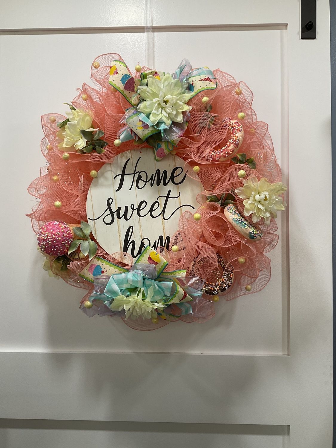 Wreath Mesh 24 in-Peach &quot;Home Sweet Home&quot; w/Ice Cream and Donuts and Cupcake Ribbon
