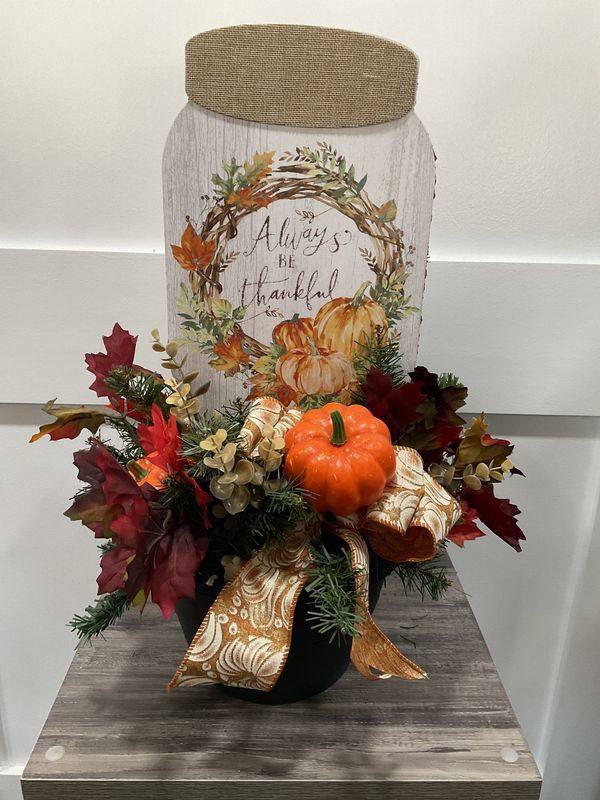 Centerpiece 18x19x21-Black Container w/Jar &quot;Always Be Thankful&quot; Pumpkins and Gold Pumpkin Ribbon