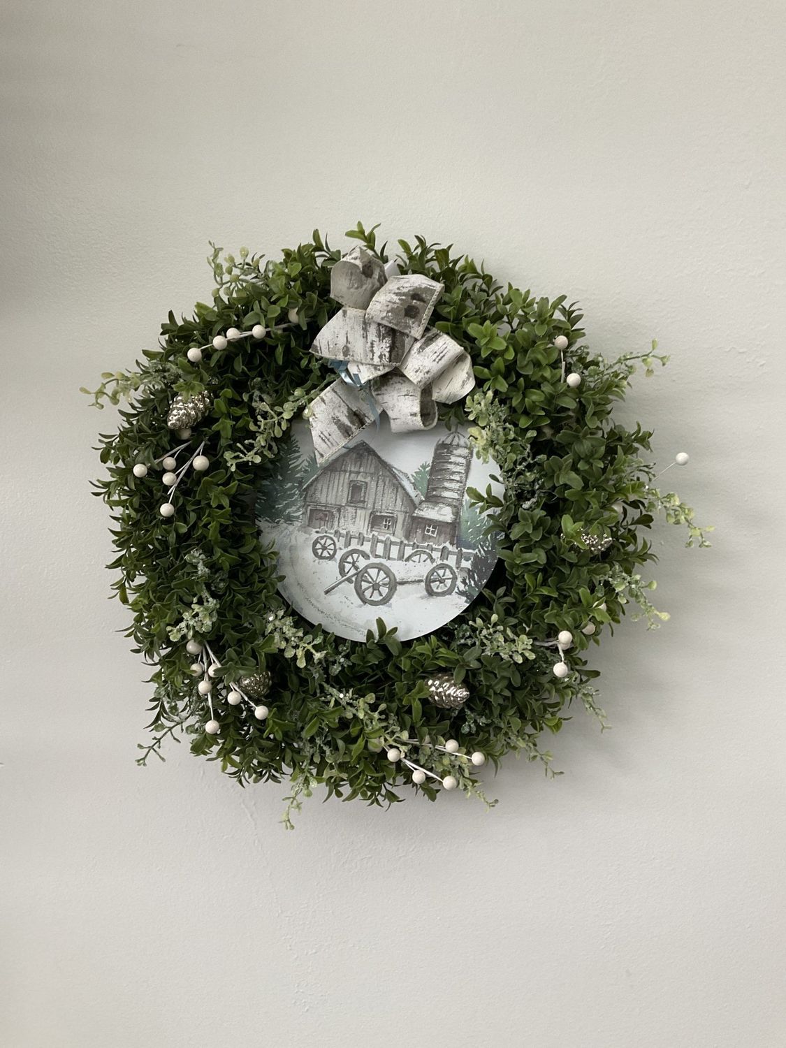 Wreath Boxwood Winter Farm Scene w/Birch Ribbon 16 inch