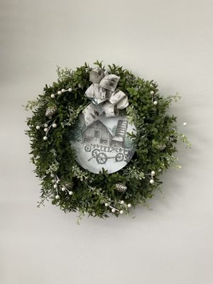Wreath Boxwood Winter Farm Scene w/Birch Ribbon 16 inch