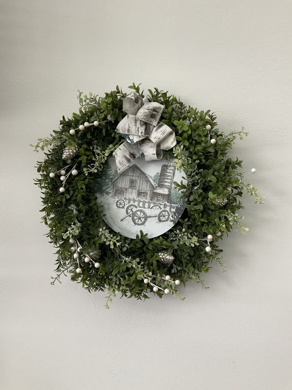 Wreath Boxwood Winter Farm Scene w/Birch Ribbon 16 inch