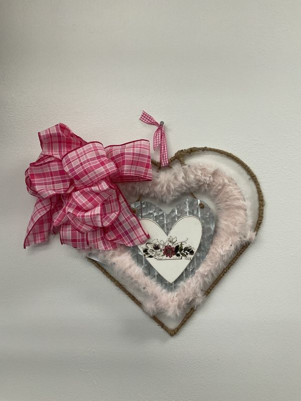 Wreath Jute and Pink Fur Heart w/ Metal Heart Sign and Pink Plaid Ribbon