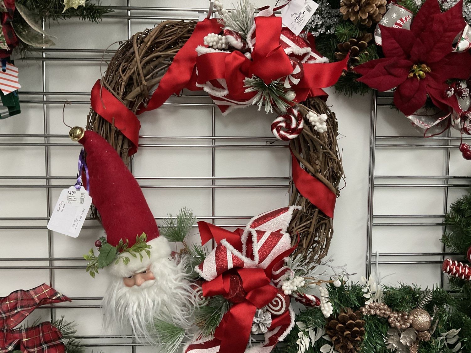 Wreath Grapevine with Santa, Candy and Red and Red Striped Ribbons