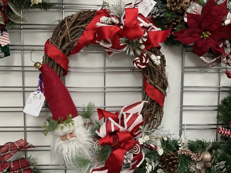 Wreath Grapevine with Santa, Candy and Red and Red Striped Ribbons