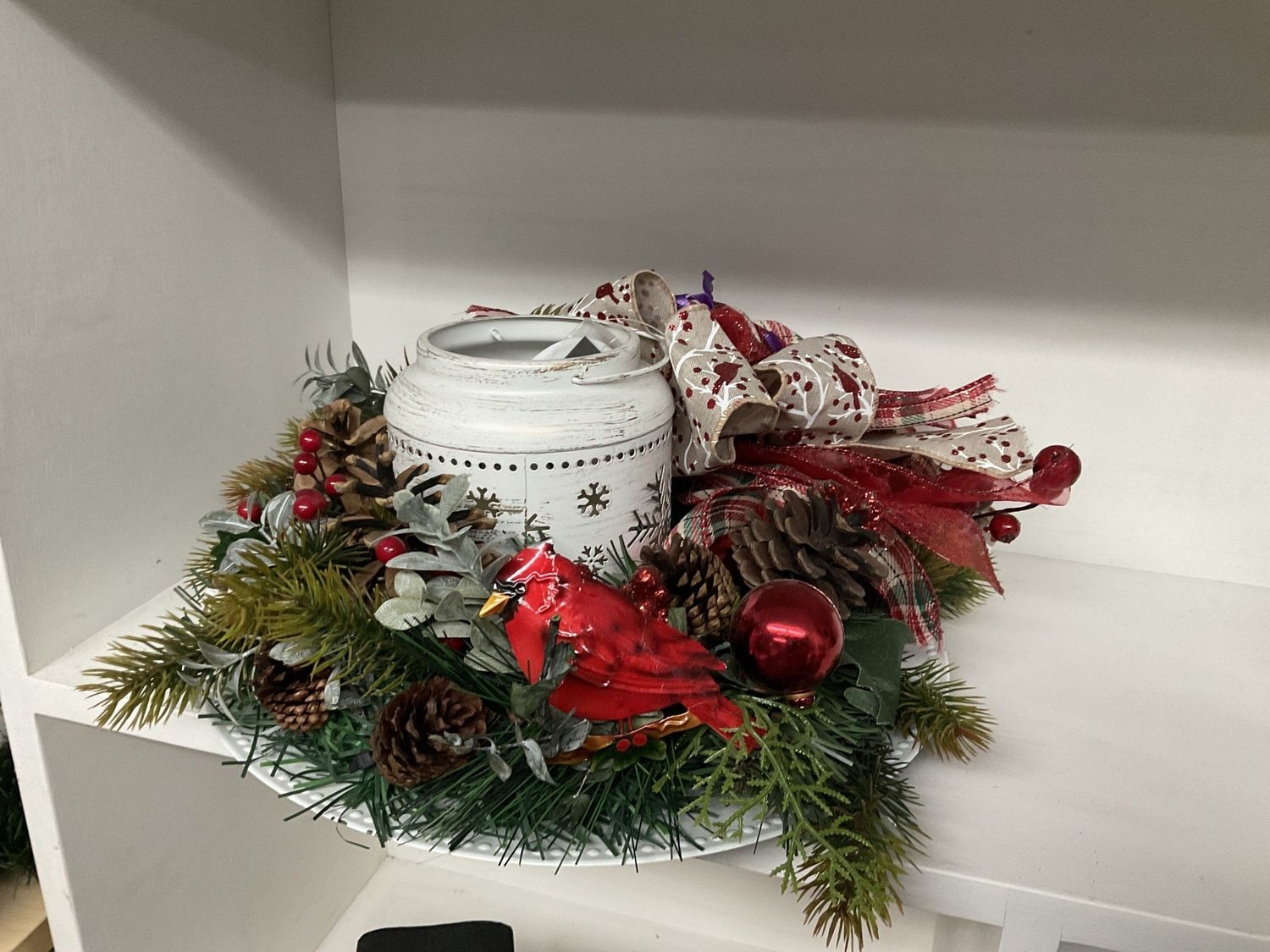 Centerpiece White Snowflake Lantern w/ Cardinal and Cardinal Ribbon