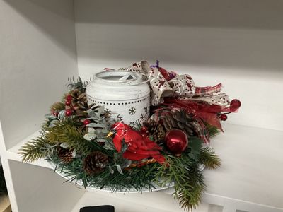 Centerpiece White Snowflake Lantern w/ Cardinal and Cardinal Ribbon