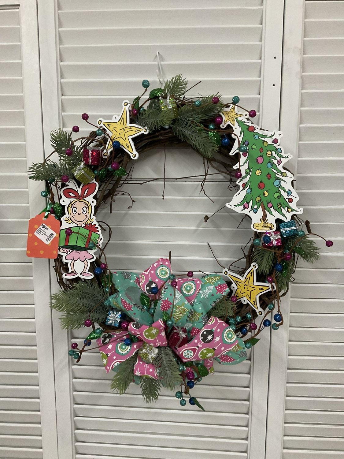 Wreath Grapevine with Evergreen &quot;Grinch&quot; Theme 18 inches