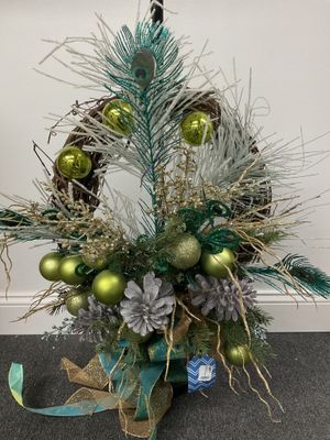 Wreath Grapevine with Pinecones, Green Ornaments and Peacock Feathers