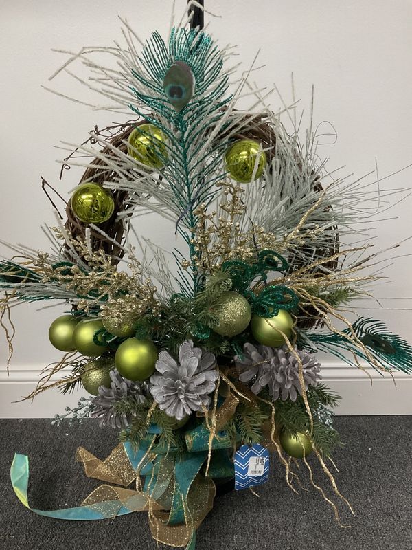 Wreath Grapevine with Pinecones, Green Ornaments and Peacock Feathers
