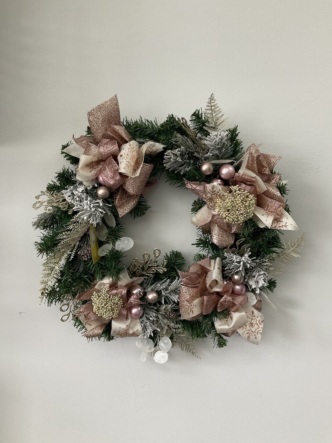 Wreath Evergreen with Rose Gold Glitter and Snowflake Ribbon