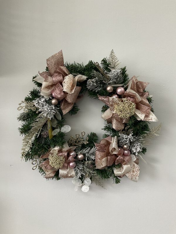 Wreath Evergreen with Rose Gold Glitter and Snowflake Ribbon
