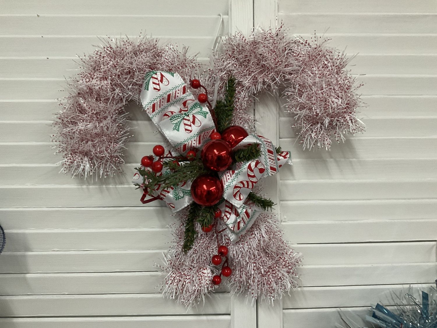 Wreath Candy Cane Double with Red Ornaments and Candy Cane Ribbon