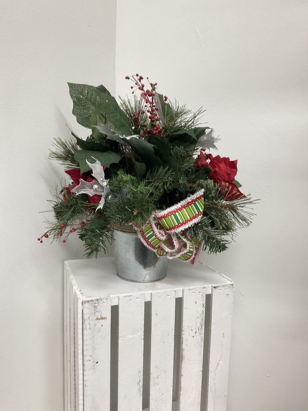 Centerpiece Table Top Silver Bucket w/Greens, Poinsettias, Berries and Green, White and Red Stripped Ribbon with White Trim